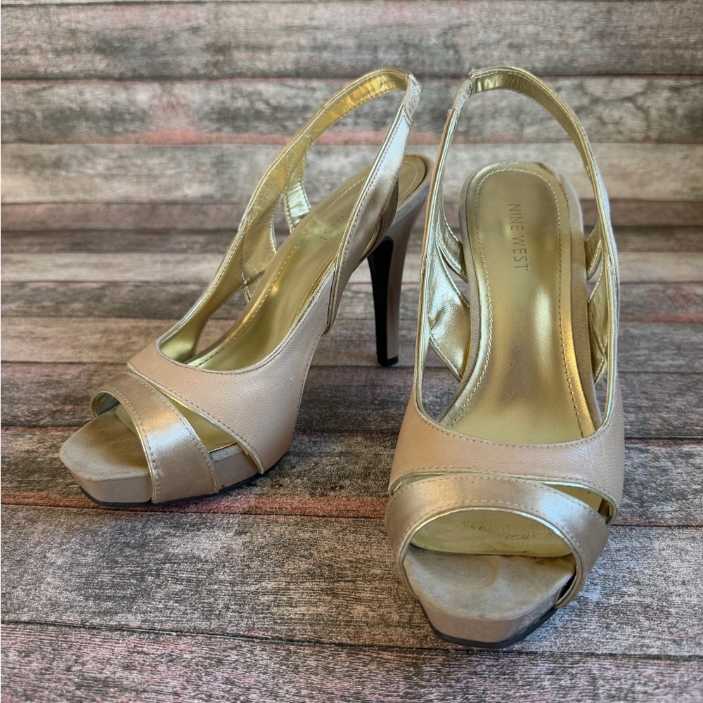 Nine West Gold and Tan Slingback Heels
